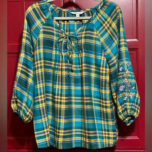 The Pioneer Woman Teal Plaid Tie-Neck Tunic with Yellow Accents & embroidery